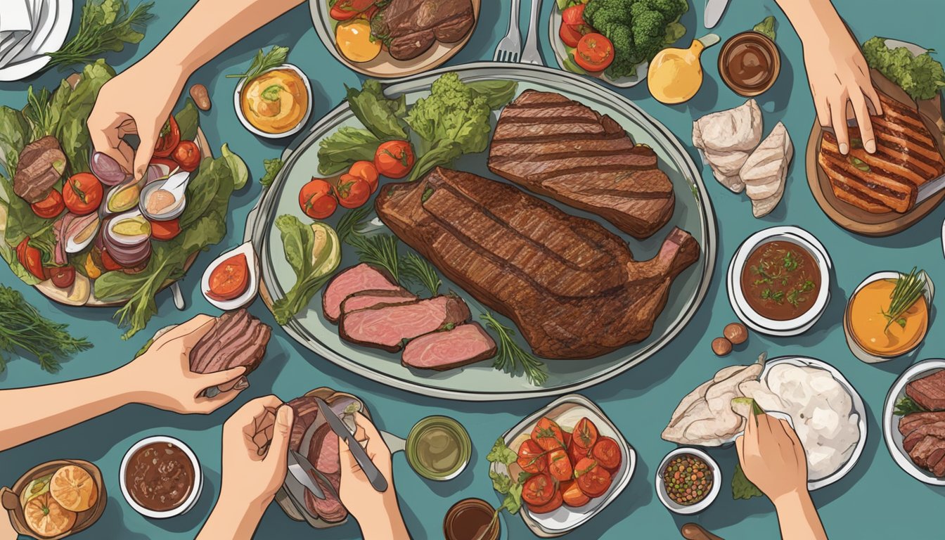 A table filled with various meats, fish, and vegetables, with a person's hand reaching for a plate of grilled steak