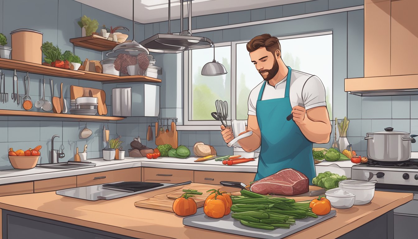 A carnivore diet enthusiast conducts marcons testing in a modern kitchen surrounded by fresh meat, vegetables, and cooking utensils