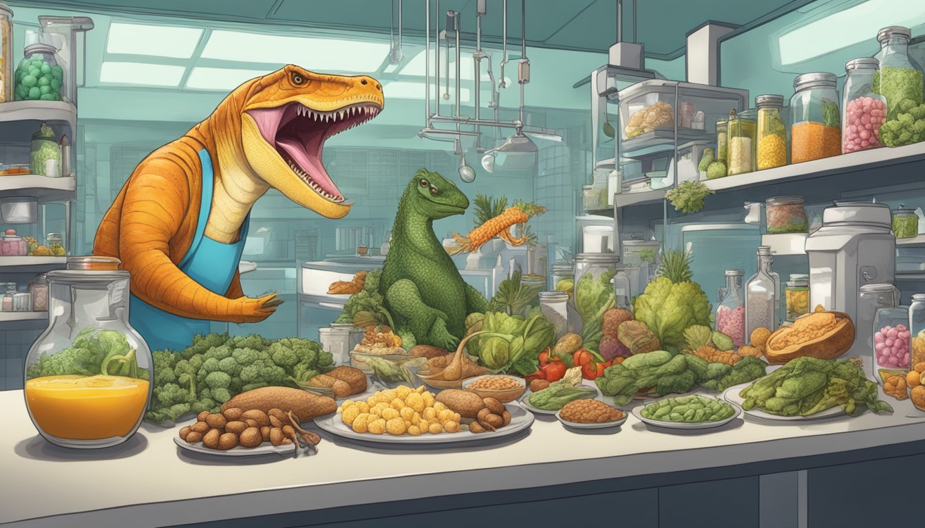 A carnivorous animal surrounded by various types of food, with a scientist conducting macronutrient testing in a laboratory setting