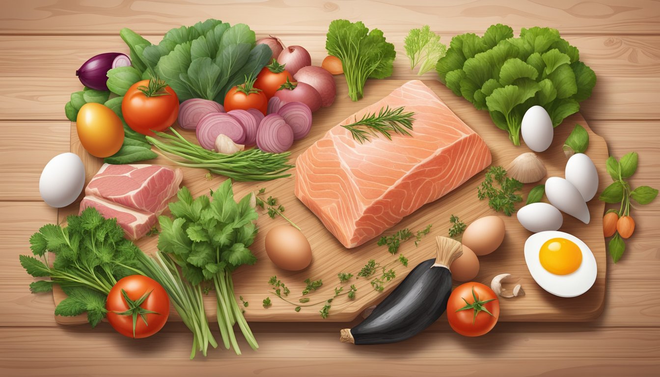 A variety of meats, fish, and eggs arranged on a wooden cutting board, surrounded by fresh herbs and vegetables