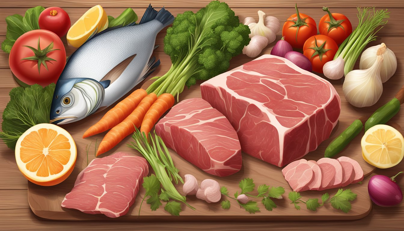 A variety of raw meats, including beef, chicken, and fish, are arranged on a wooden cutting board next to a selection of fresh vegetables and fruits