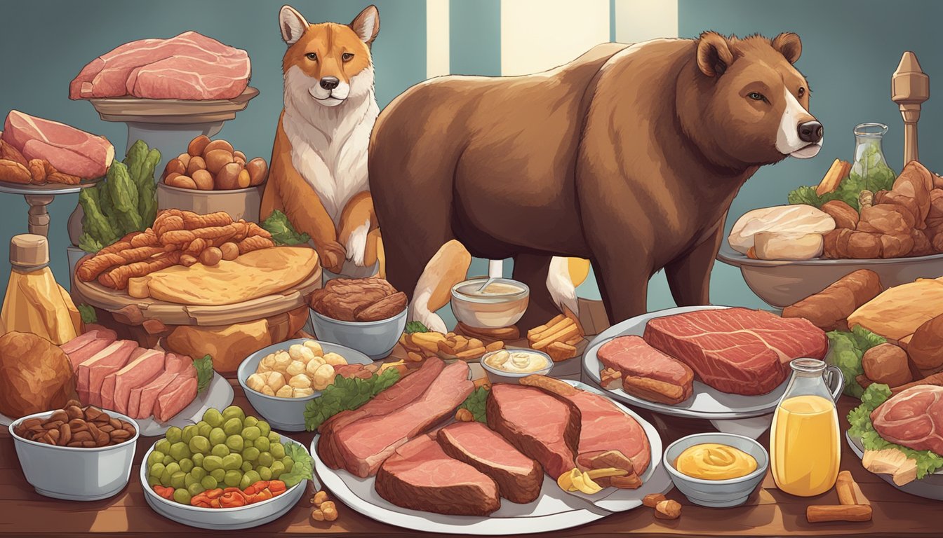 A carnivore surrounded by various meats and animal products, with a focus on high-fat options such as fatty cuts of meat and butter