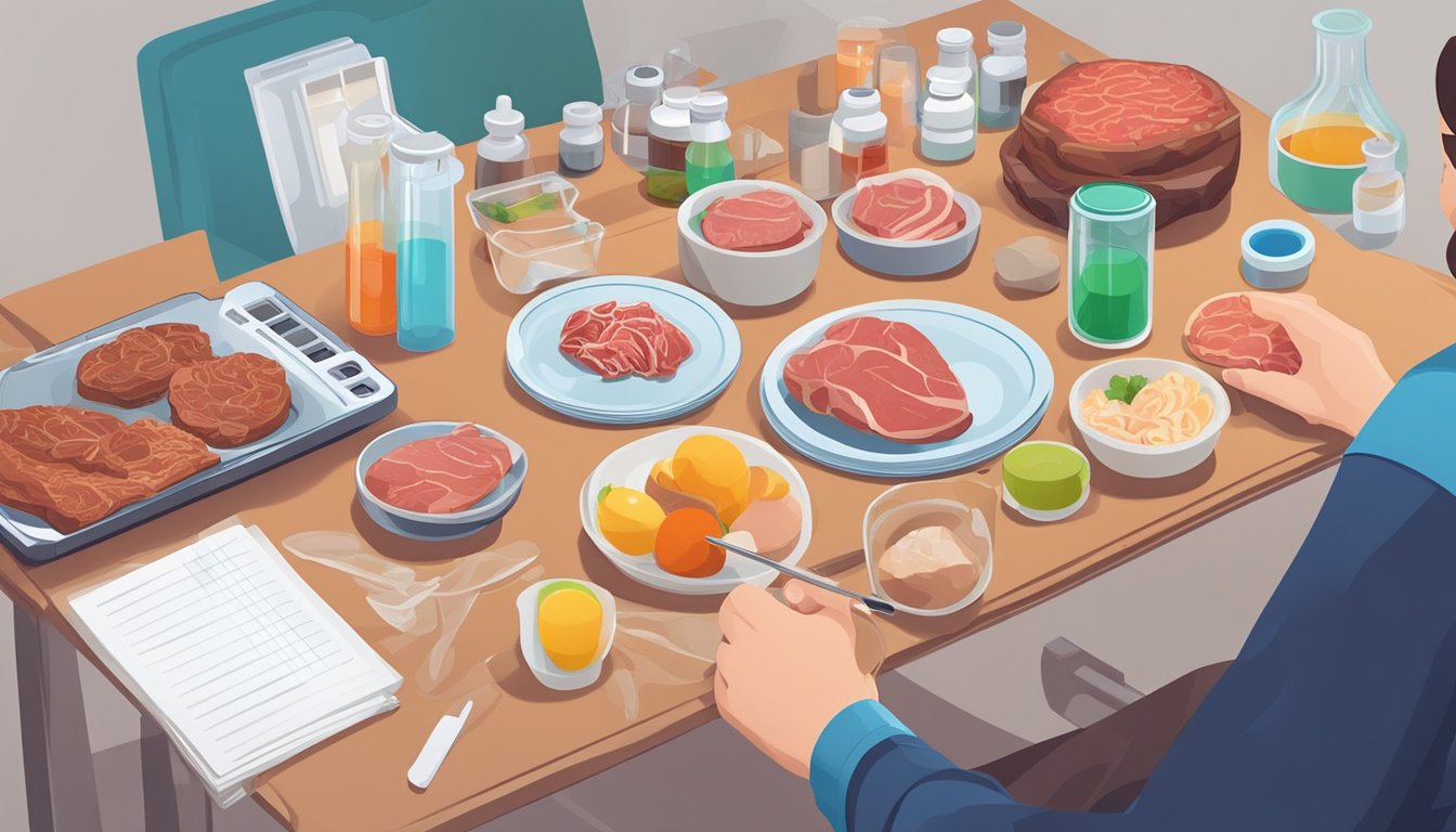 A person researching CIRS diets with a plate of meat and various lab testing equipment on a table