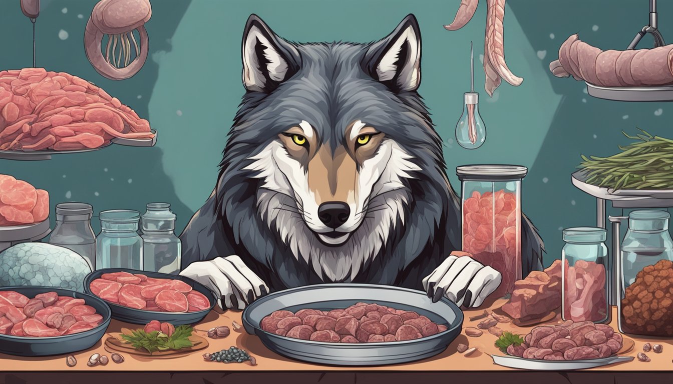 A wolf surrounded by raw meat, bones, and offal, with a microscope and petri dishes in the background