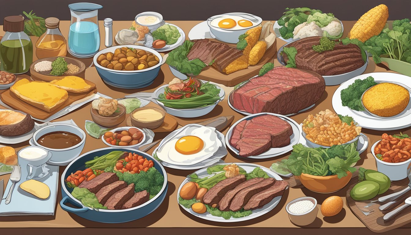 A table set with a variety of carnivorous foods, such as steak, eggs, and fish, surrounded by a collection of scientific journals and research papers on metabolic health and the thyroid