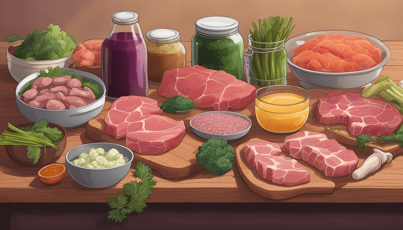 A carnivorous feast: raw meat, bone broth, and organ meats laid out on a wooden table, surrounded by jars of fermented vegetables and animal fats