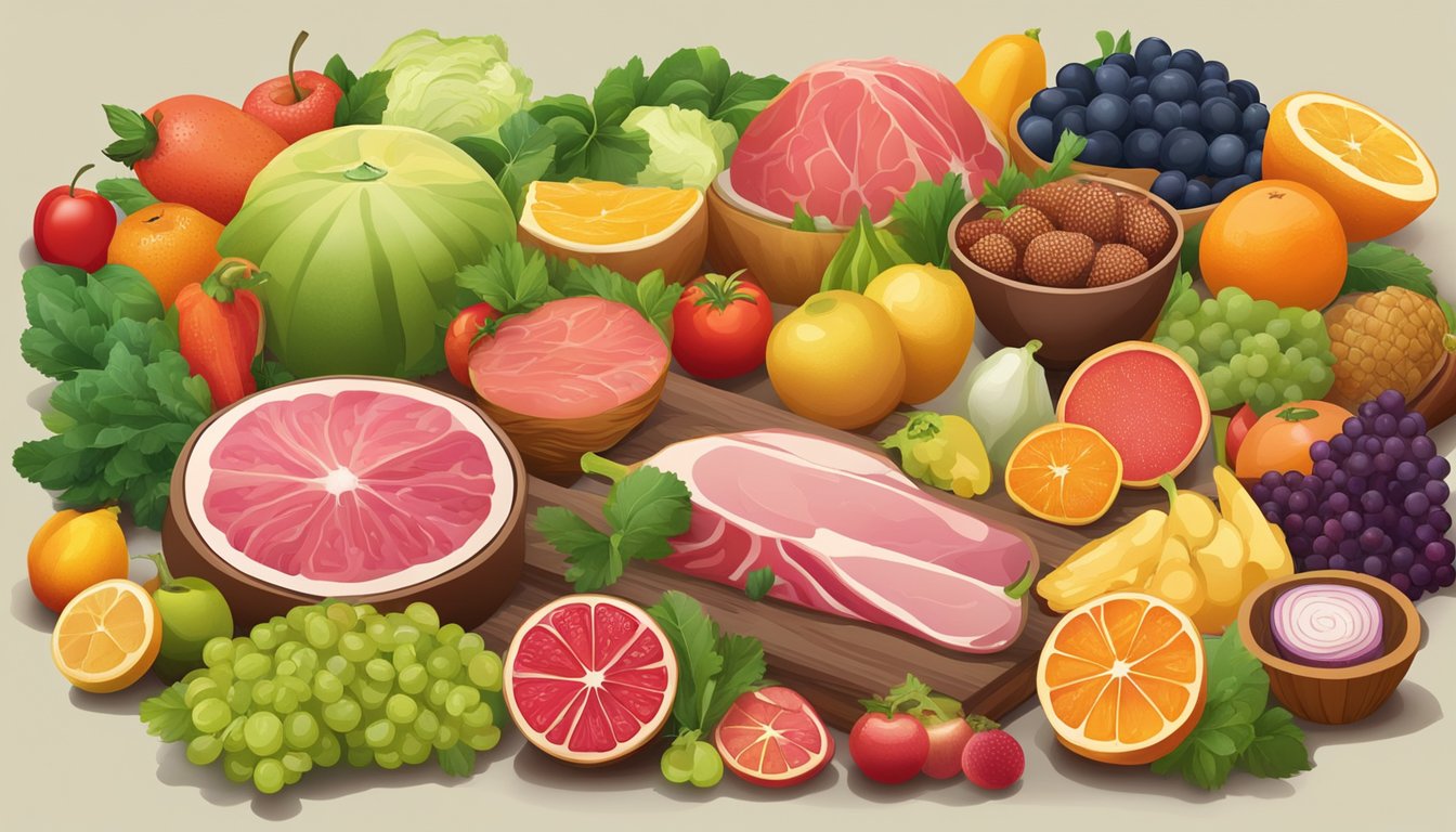 A table with a variety of colorful fruits, vegetables, and meat, arranged in an organized and visually appealing manner