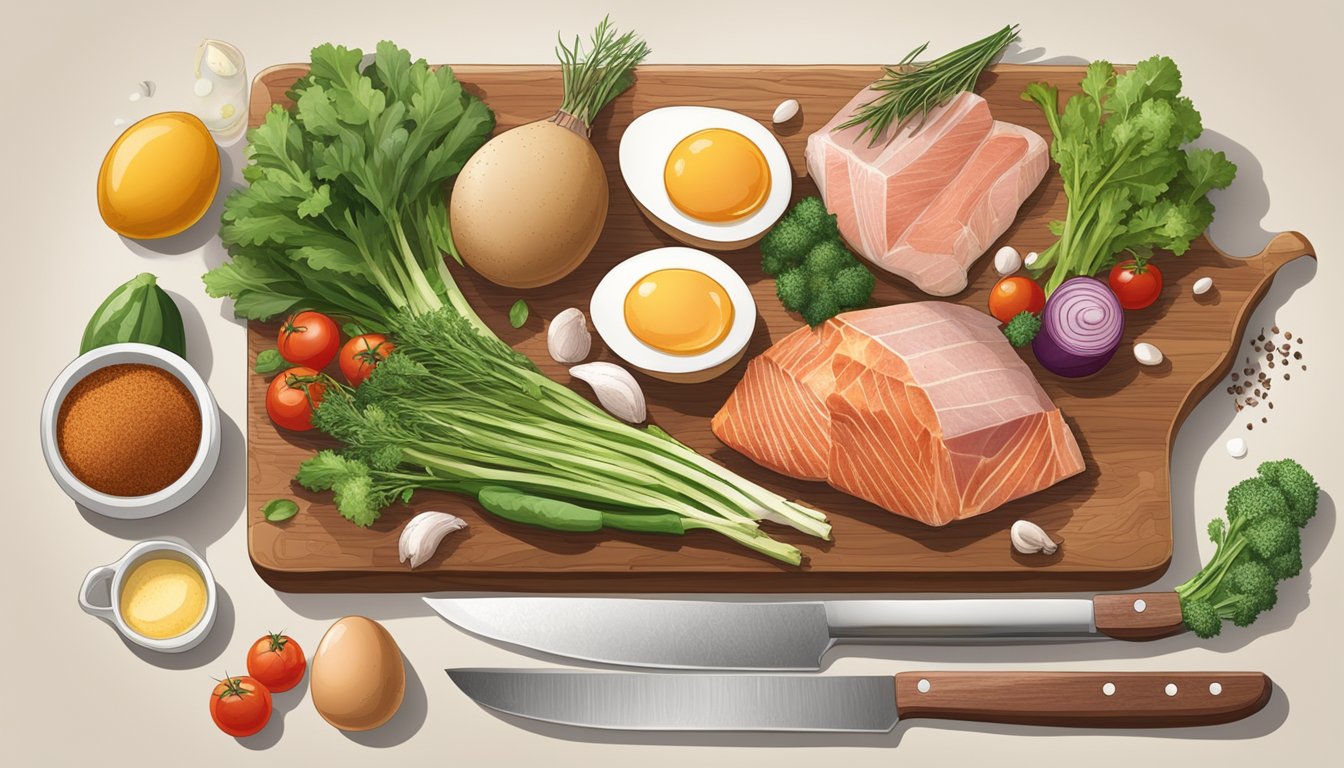 A variety of meats, fish, eggs, and low-carb vegetables arranged on a wooden cutting board, with a knife and seasoning scattered around