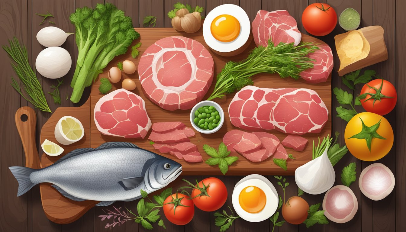 A variety of raw meat, fish, and eggs arranged on a wooden cutting board, surrounded by fresh vegetables and herbs