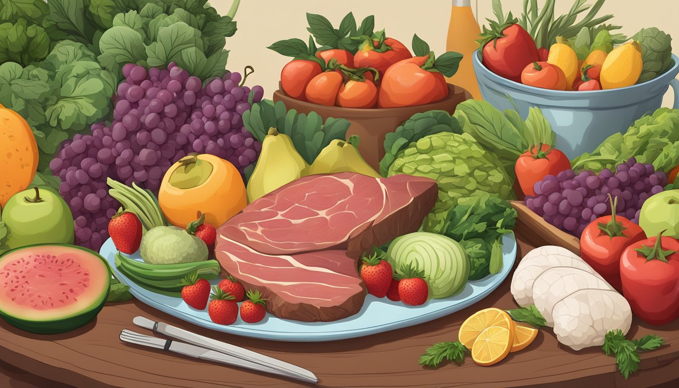 A table set with a variety of fresh fruits, vegetables, and lean meats, with a book on nutrition open to a chapter on the carnivore diet