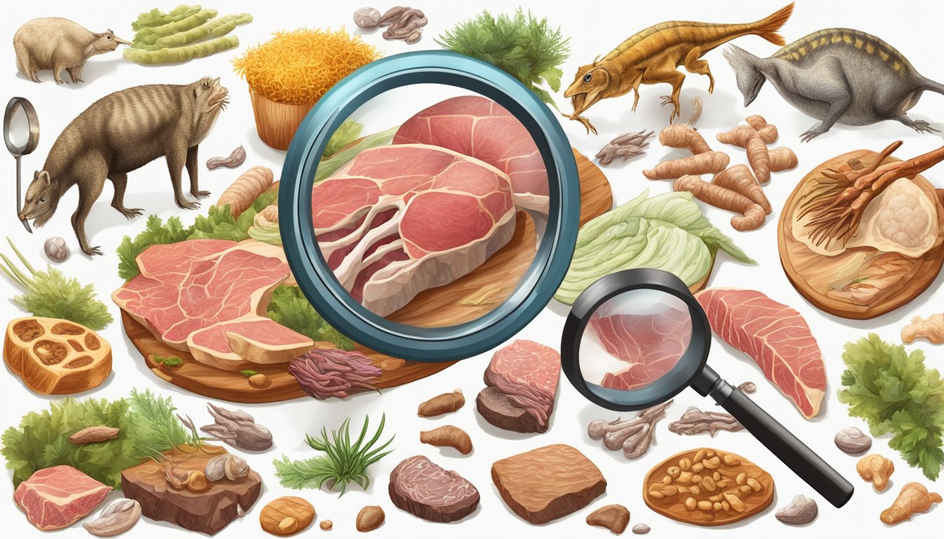 A carnivorous animal surrounded by various types of meat and bones, with a magnifying glass examining the microscopic organisms in the food