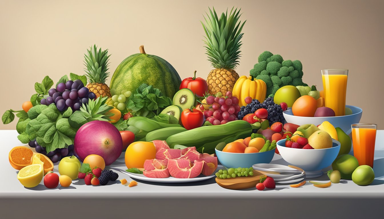 A dining table with a variety of colorful fruits, vegetables, and lean meats arranged in a balanced and sustainable manner