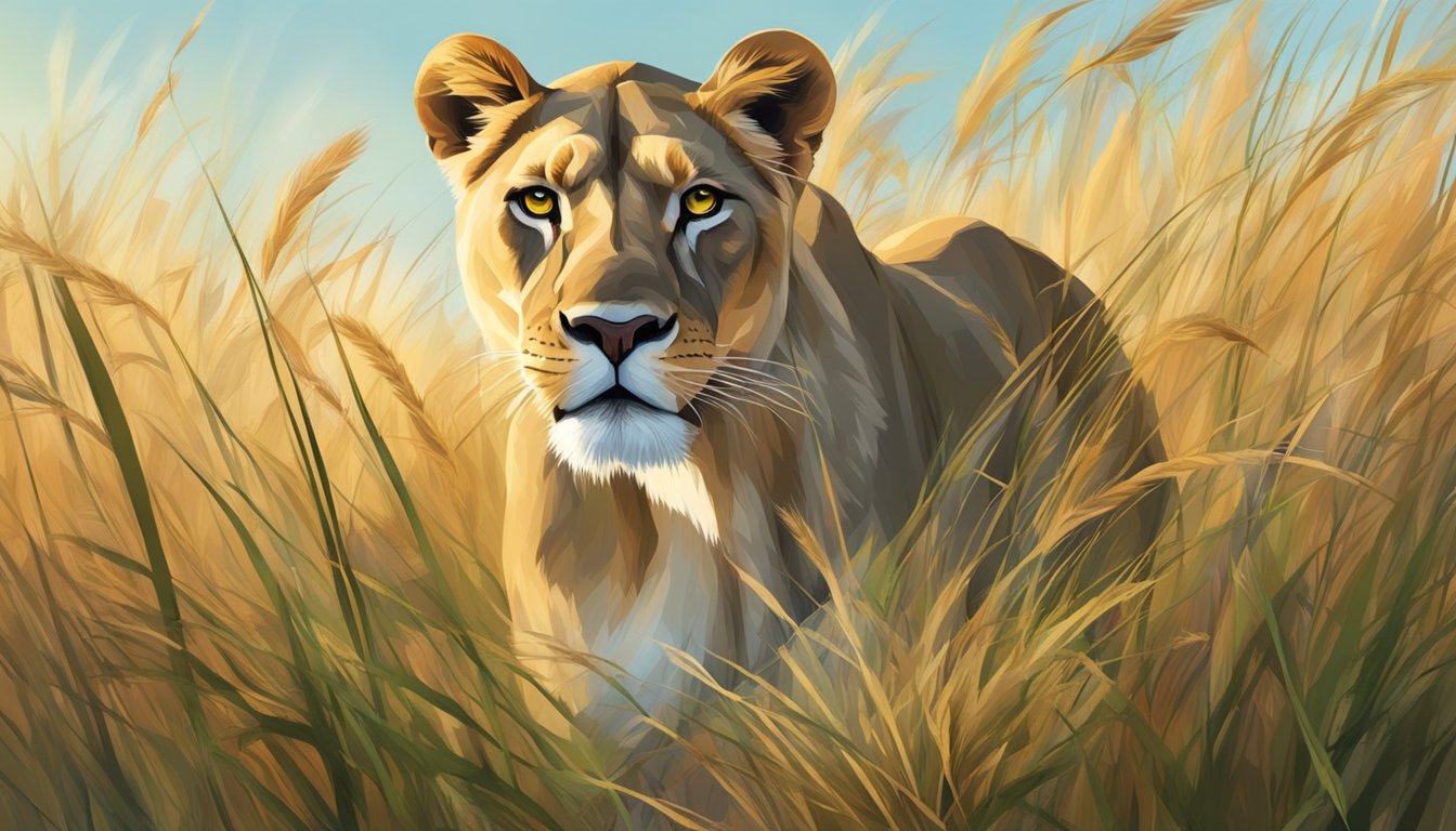 A lioness prowls through tall grass, stalking prey. Her powerful jaws tear into the fresh kill, savoring the raw meat