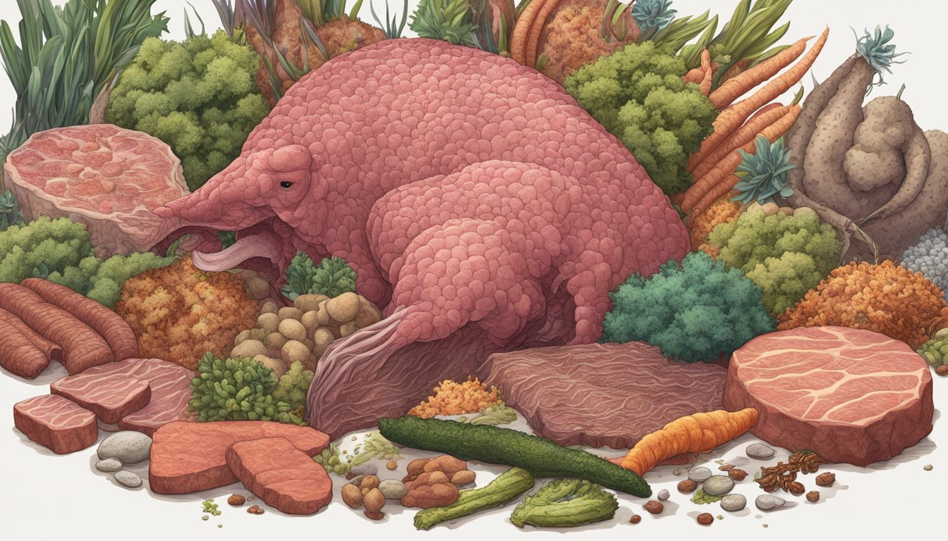 A carnivorous animal cautiously approaches a pile of meat, surrounded by various types of bacteria and microorganisms