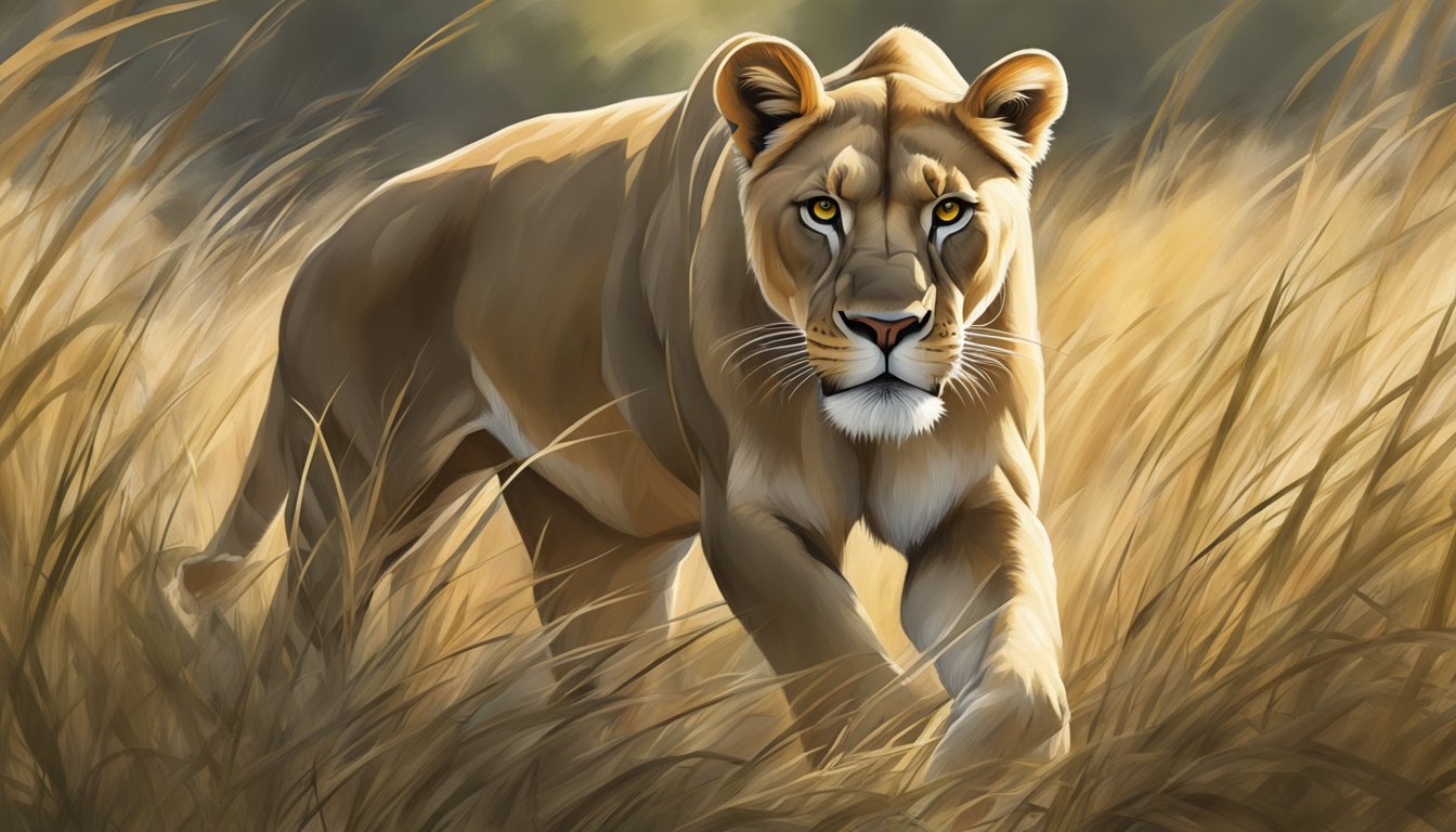 A fierce lioness prowls through tall grass, stalking her prey with intense focus. Her powerful muscles ripple beneath her sleek fur as she prepares to pounce