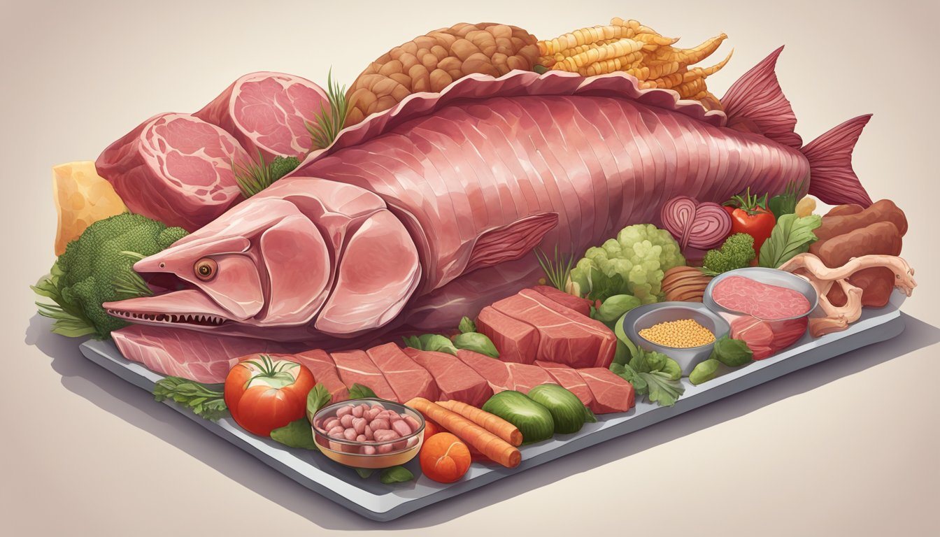 A carnivorous animal surrounded by a variety of raw meats, bones, and organs, with a focus on nutrient-dense foods