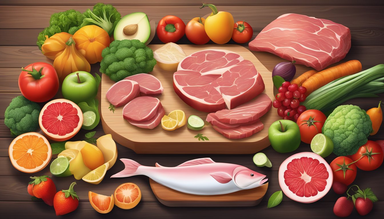 A variety of fresh, raw meats and animal products arranged on a wooden cutting board, surrounded by vibrant fruits and vegetables