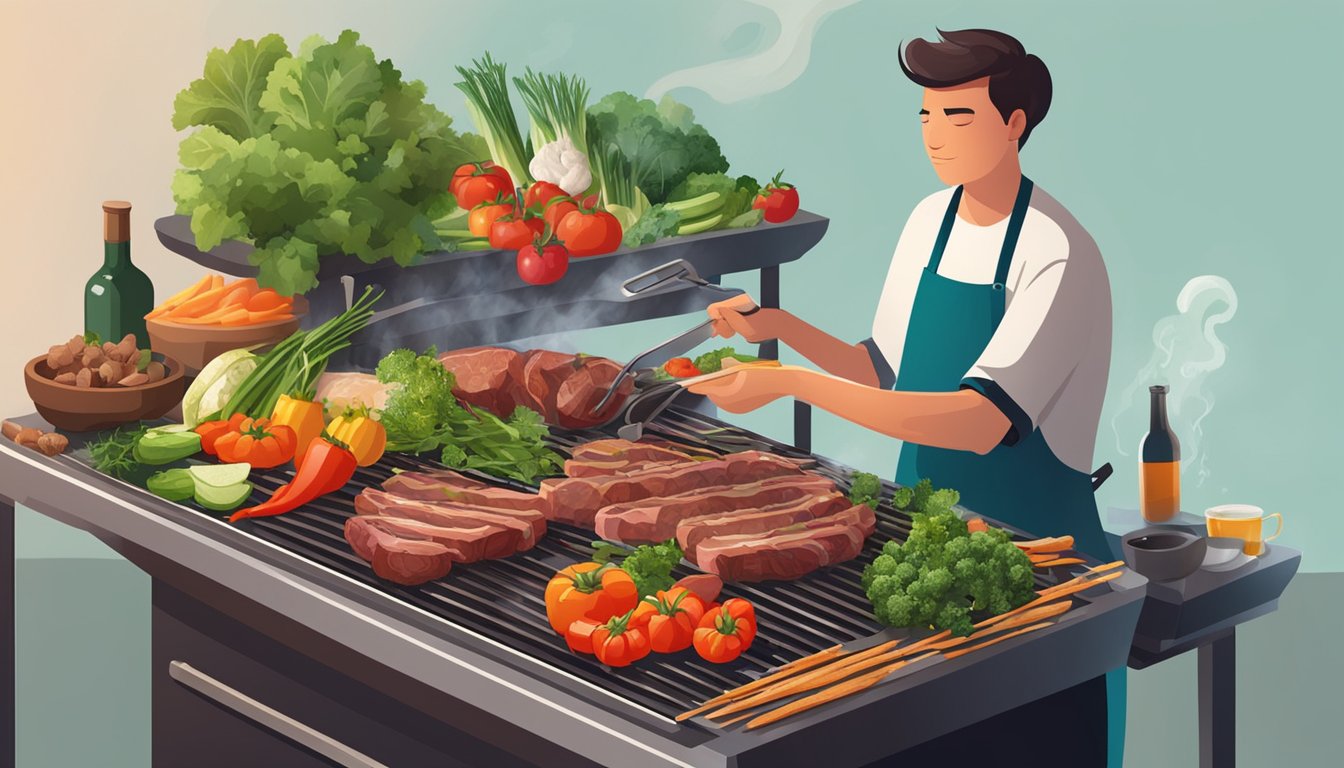 A person cooking a variety of meat and non-starchy vegetables on a grill over an open flame, surrounded by a diverse selection of fresh produce and herbs