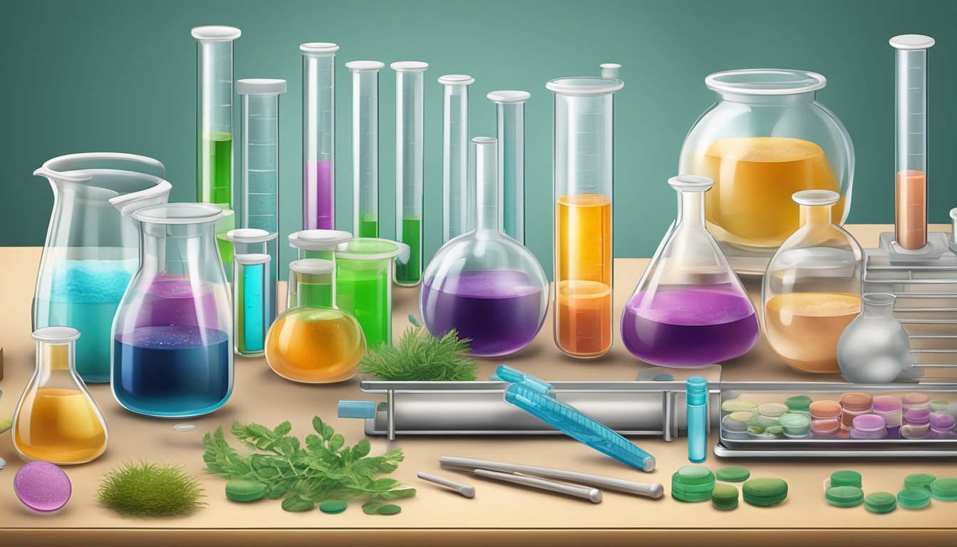 A laboratory table with test tubes, petri dishes, and scientific equipment for researching the carnivore diet and exploring small intestinal fungal overgrowth (SIFO)