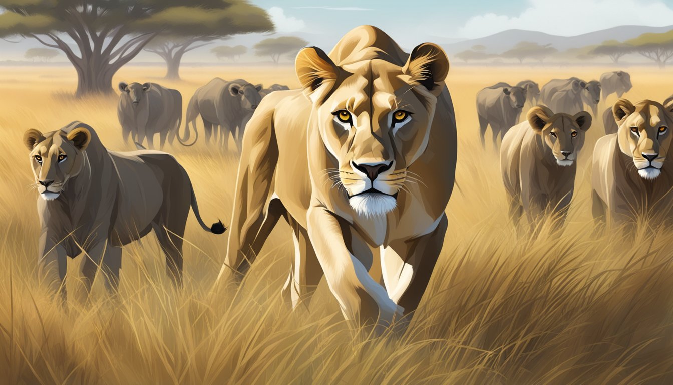 A lioness prowls through a grassy savannah, eyes fixed on a herd of wildebeests, showcasing the potential health concerns of a carnivore diet