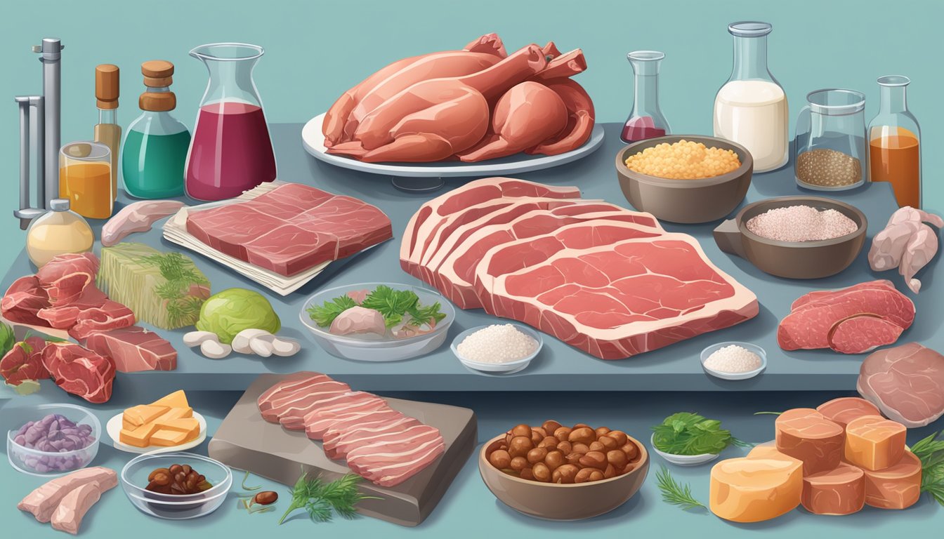 A table filled with scientific journals, lab equipment, and various types of meat and animal products