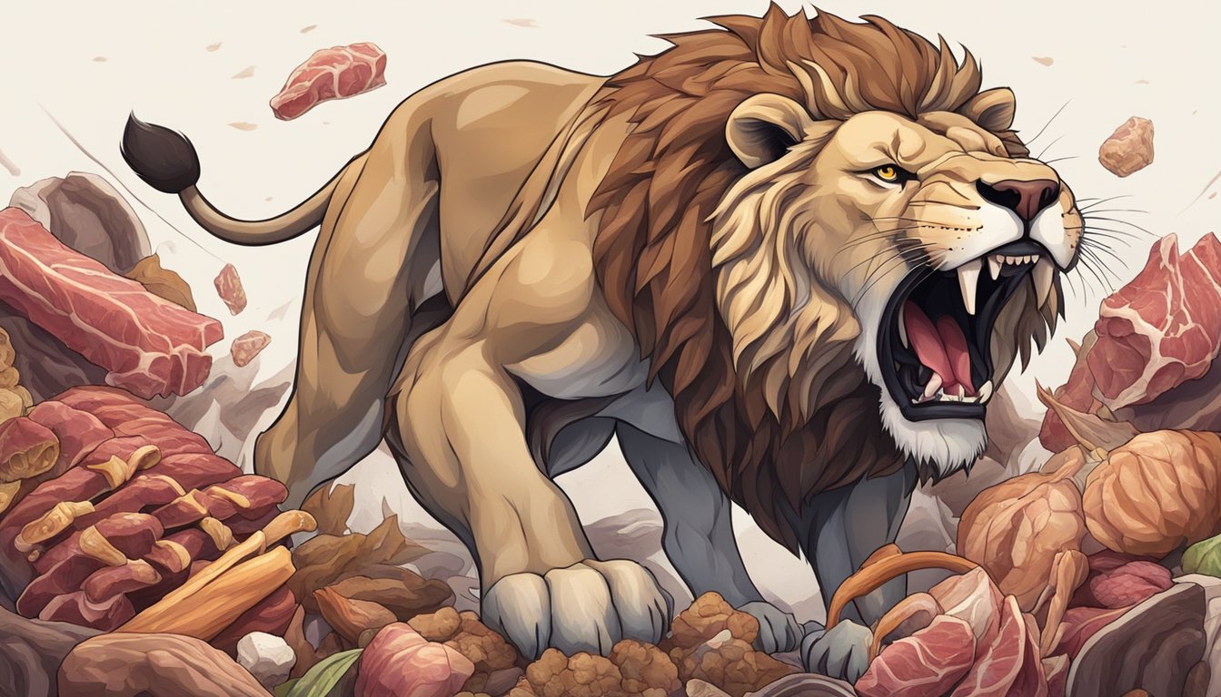 A roaring lion surrounded by fresh meat and bones