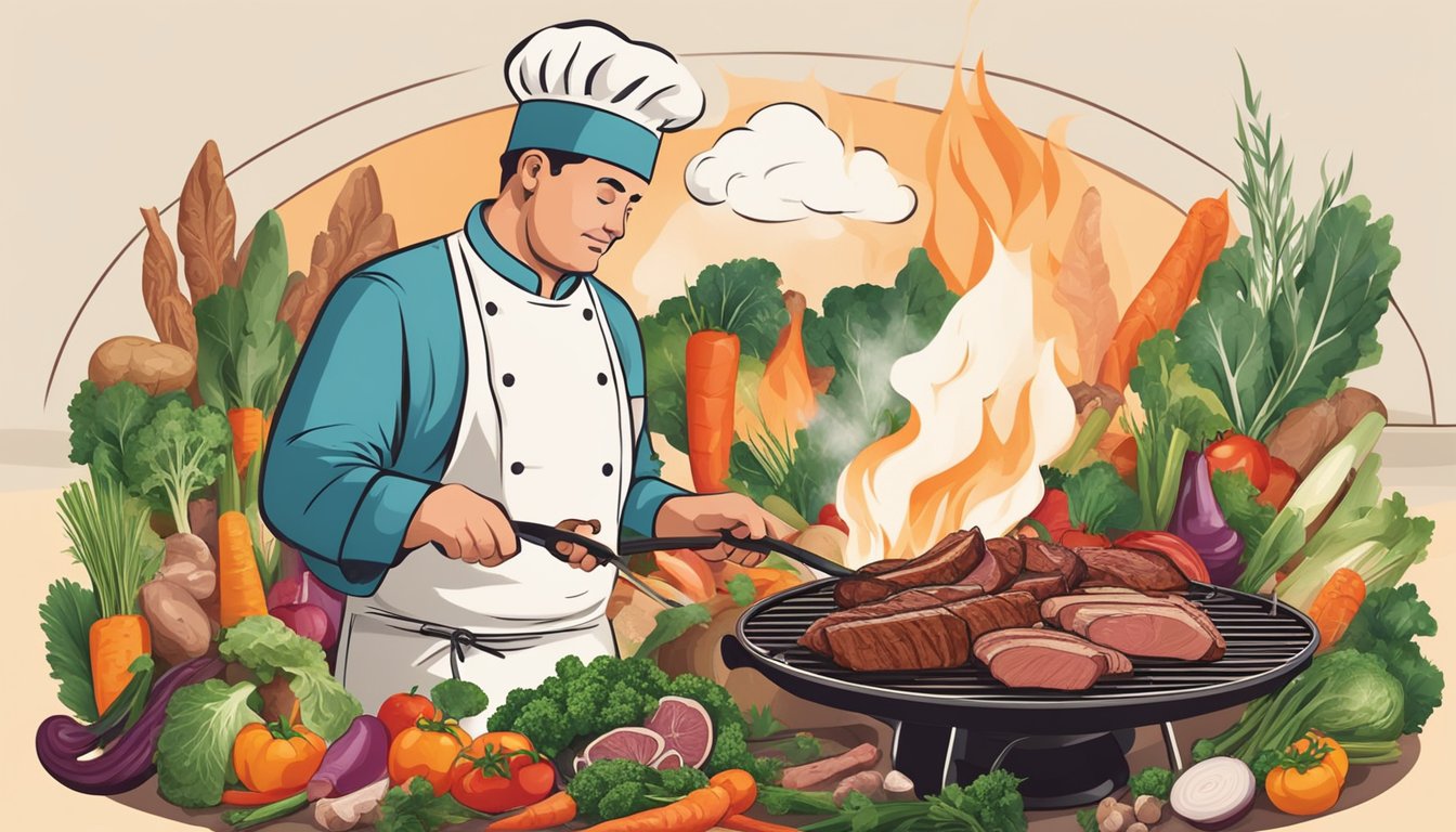 A chef grilling a variety of meats over an open flame, surrounded by fresh vegetables and herbs