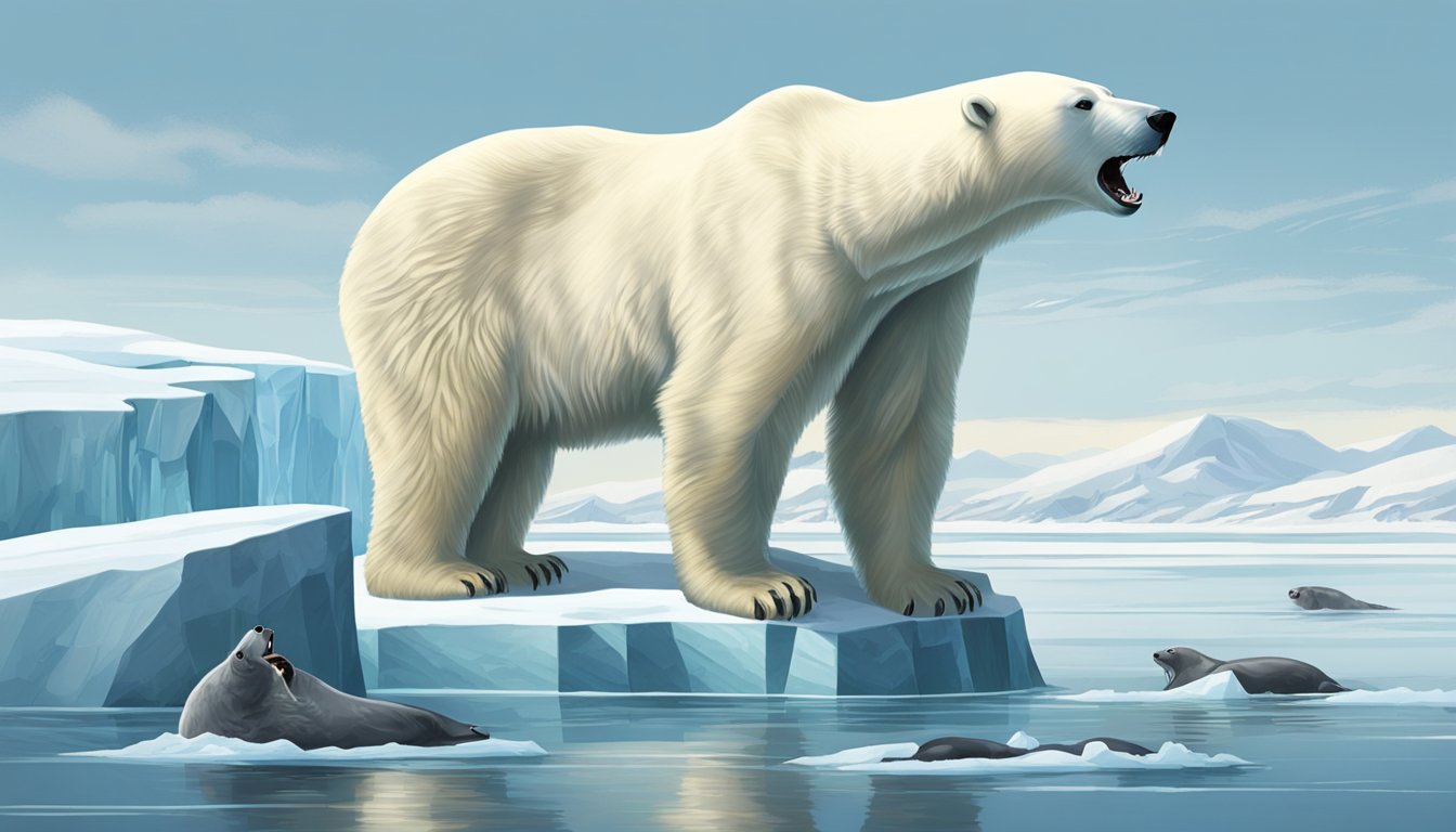 A polar bear stands on an icy tundra, its powerful jaws tearing into a freshly caught seal. Nearby, the nutrient-rich liver of another seal lies partially consumed, a testament to the carnivorous diet of these apex predators