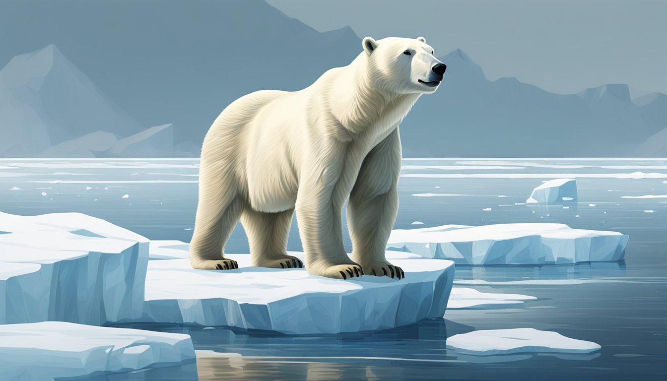 A polar bear stands majestically on an ice floe, its powerful form highlighted against the stark Arctic landscape. The bear's intense gaze and imposing presence convey the strength and resilience of this iconic carnivore