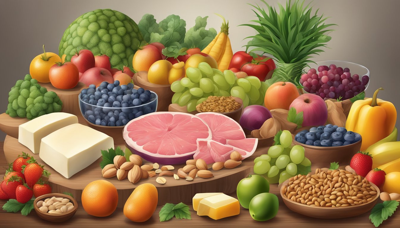 A table with a variety of colorful fruits, vegetables, nuts, and seeds on one side, and a selection of meats and dairy products on the other