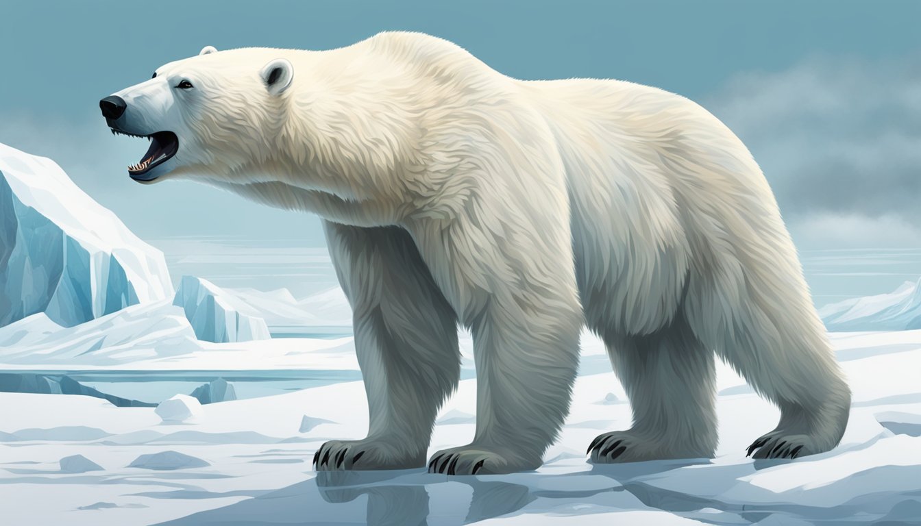 A polar bear stands on an icy tundra, its powerful jaws tearing into the bloody, nutrient-rich liver of its recent kill