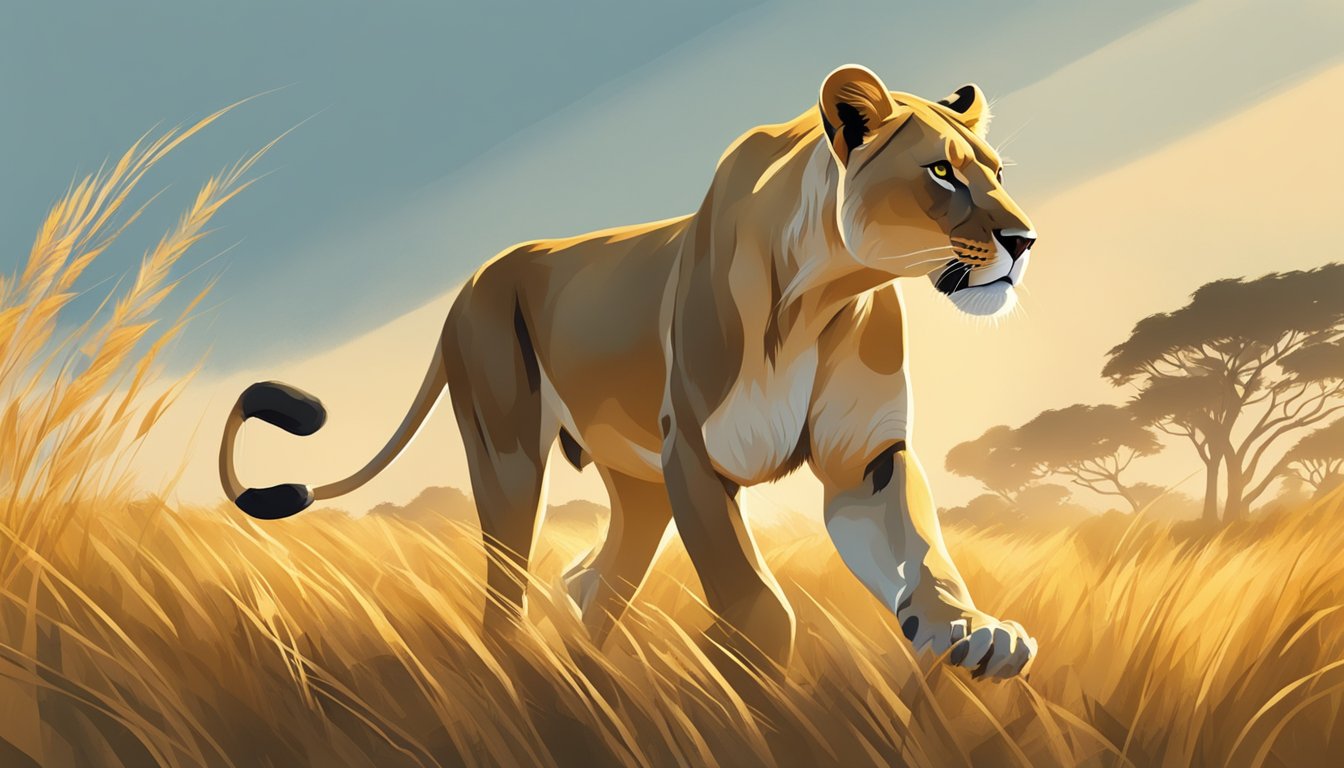 A lioness prowls through the savanna, her powerful muscles rippling as she hunts for her next meal. The sun beats down, casting long shadows across the golden grass