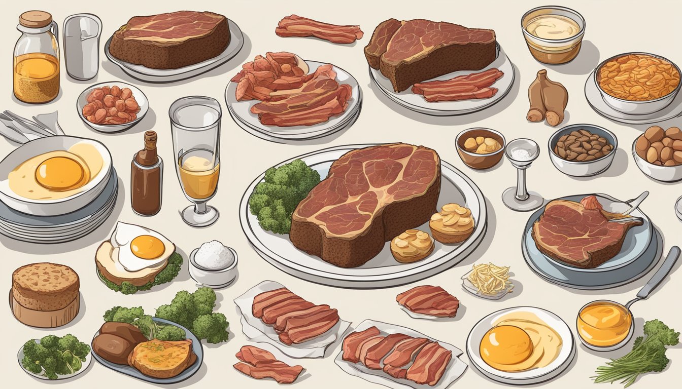 A table with a variety of fatty animal products, such as bacon, steak, and eggs, surrounded by images of livers and diagrams explaining the effects of the carnivore diet