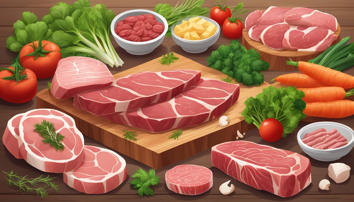 A table with a variety of cuts of raw meat, including fatty and lean options, surrounded by fresh vegetables and herbs