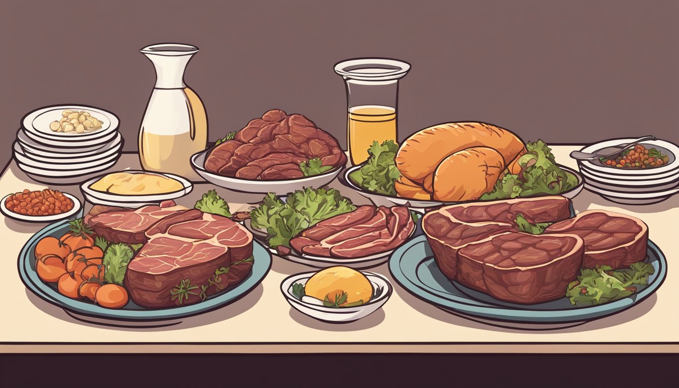 A table with two plates: one piled high with fatty meat, the other with lean meat. Surrounding the plates are various health-related symbols, some positive and some negative