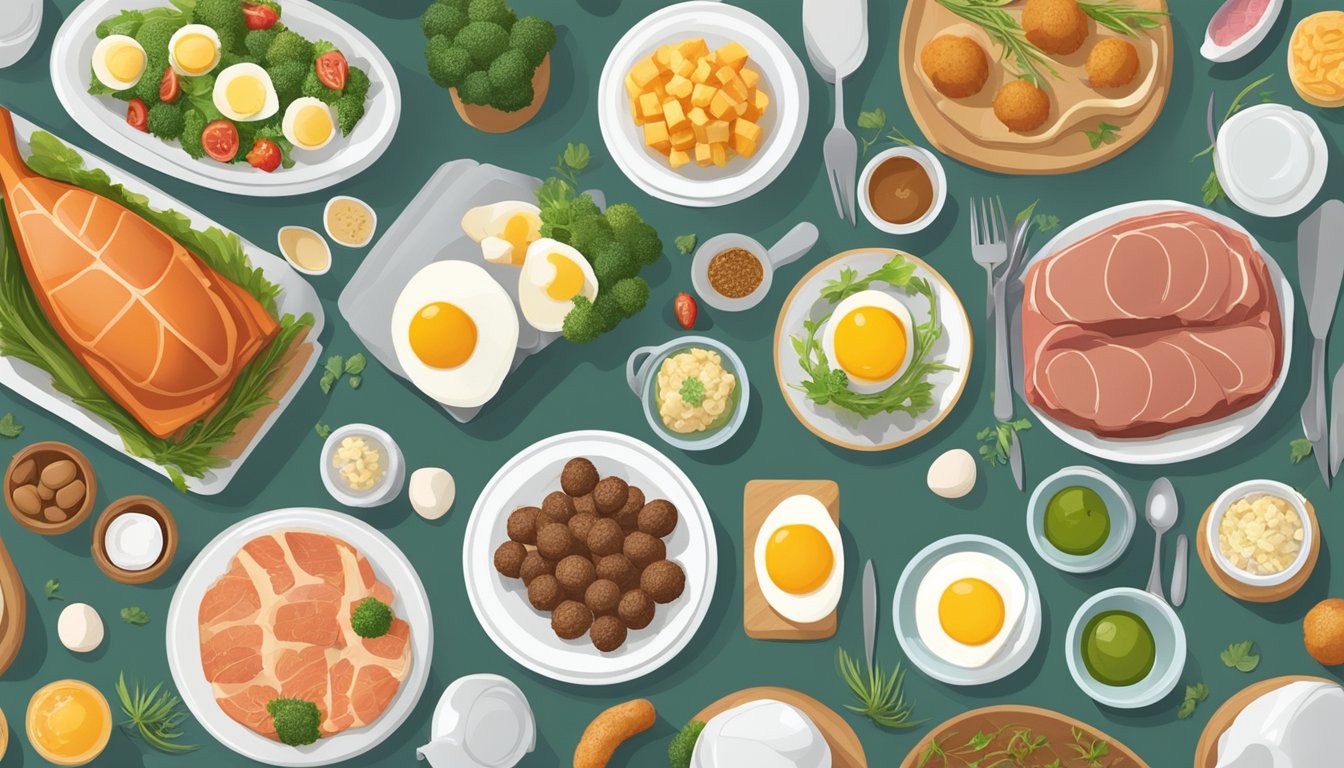 A variety of animal-based foods like meat, fish, and eggs, with an absence of plant-based foods, on a clean and simple table setting