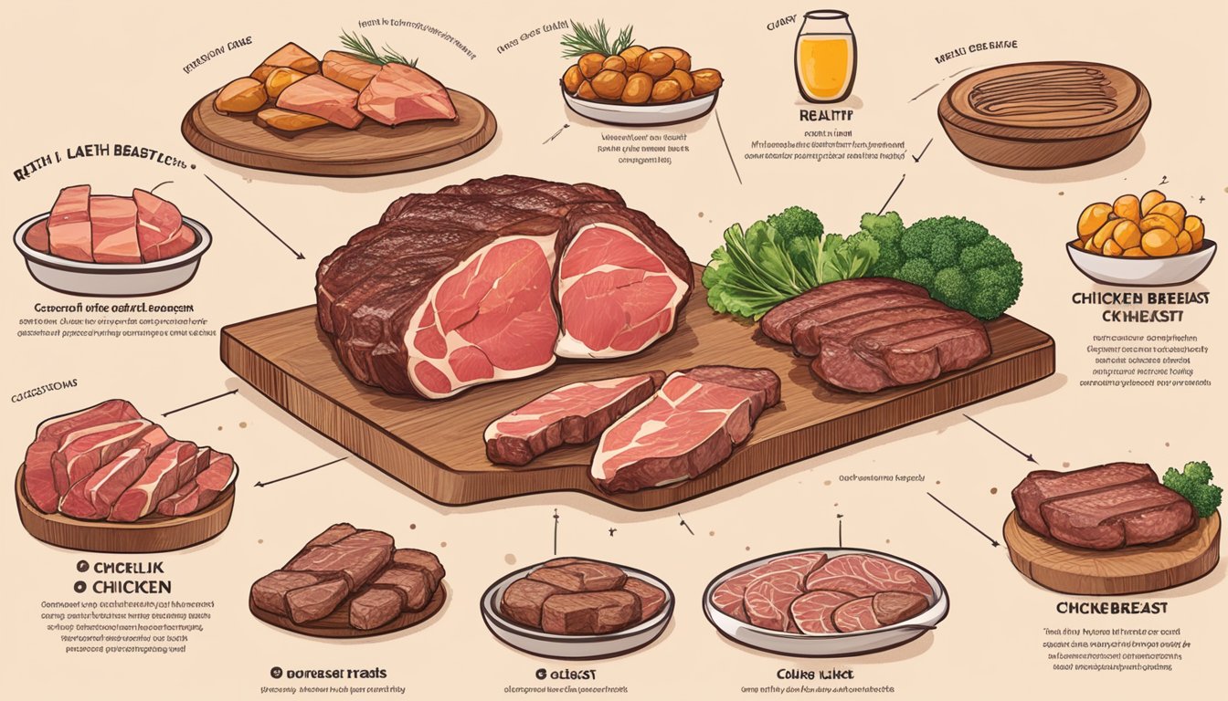 A table with a variety of meats: fatty cuts like ribeye and lean cuts like chicken breast. A list of health benefits and drawbacks on the side