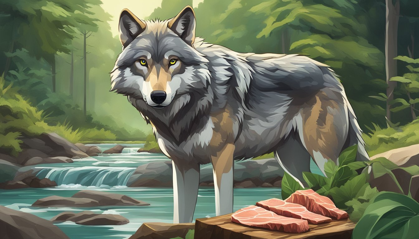 A wolf standing over a carcass, torn between a fatty piece of meat and a lean piece, surrounded by lush greenery and a clear stream