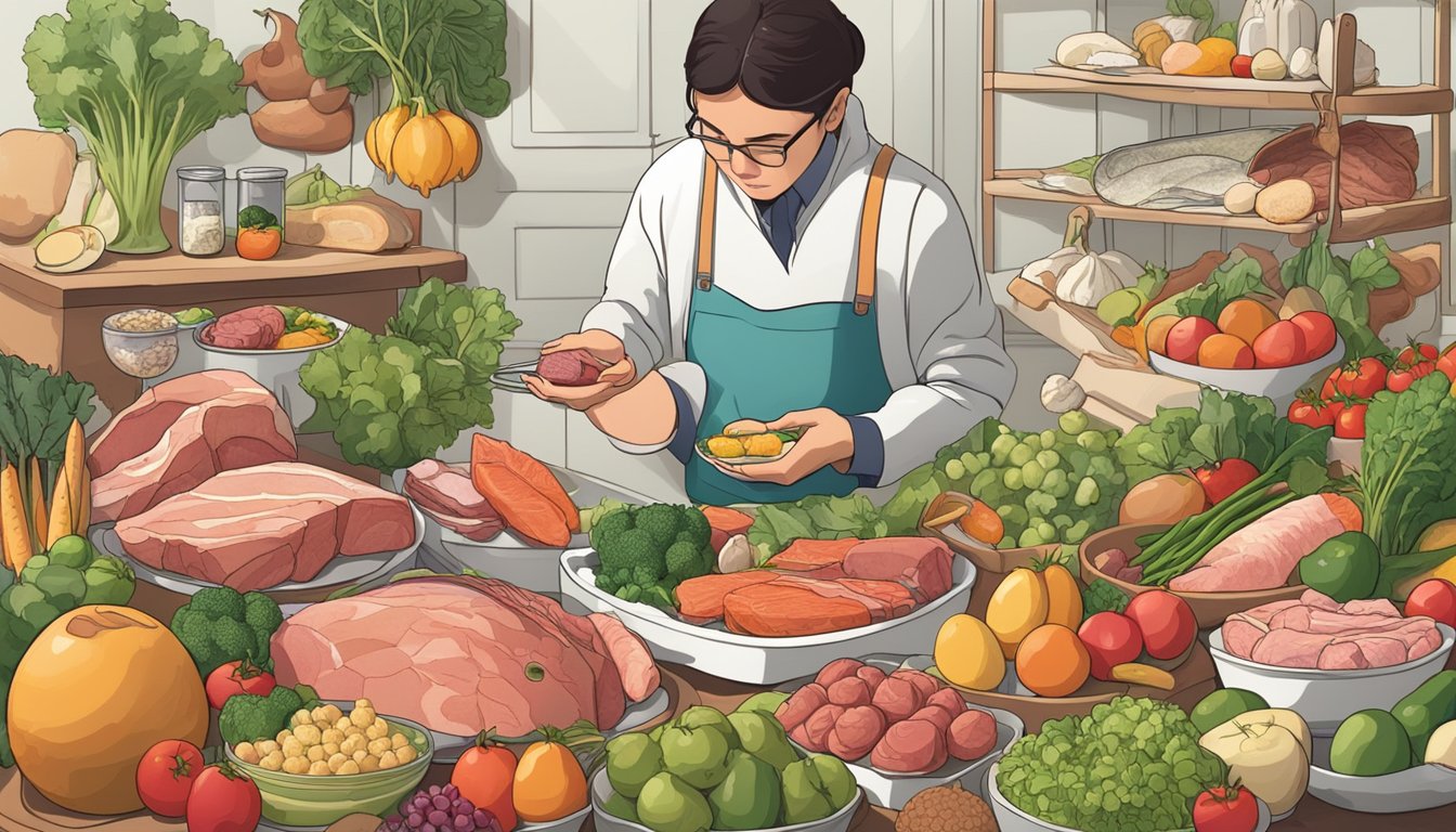 A variety of meat, fish, and eggs surrounded by a selection of fruits and vegetables. A person is carefully examining each item with a concerned expression