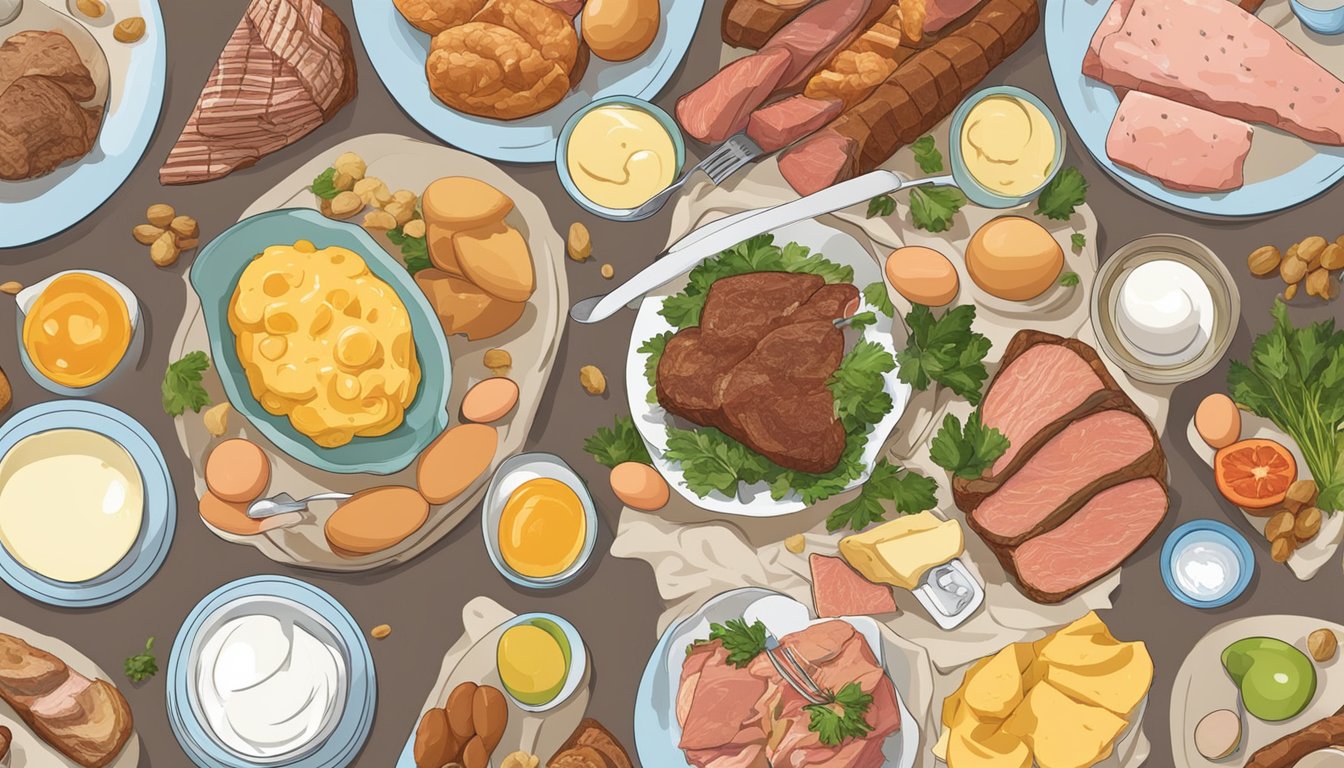 A table with various meats, eggs, and dairy products. A person experiencing discomfort after consuming certain foods