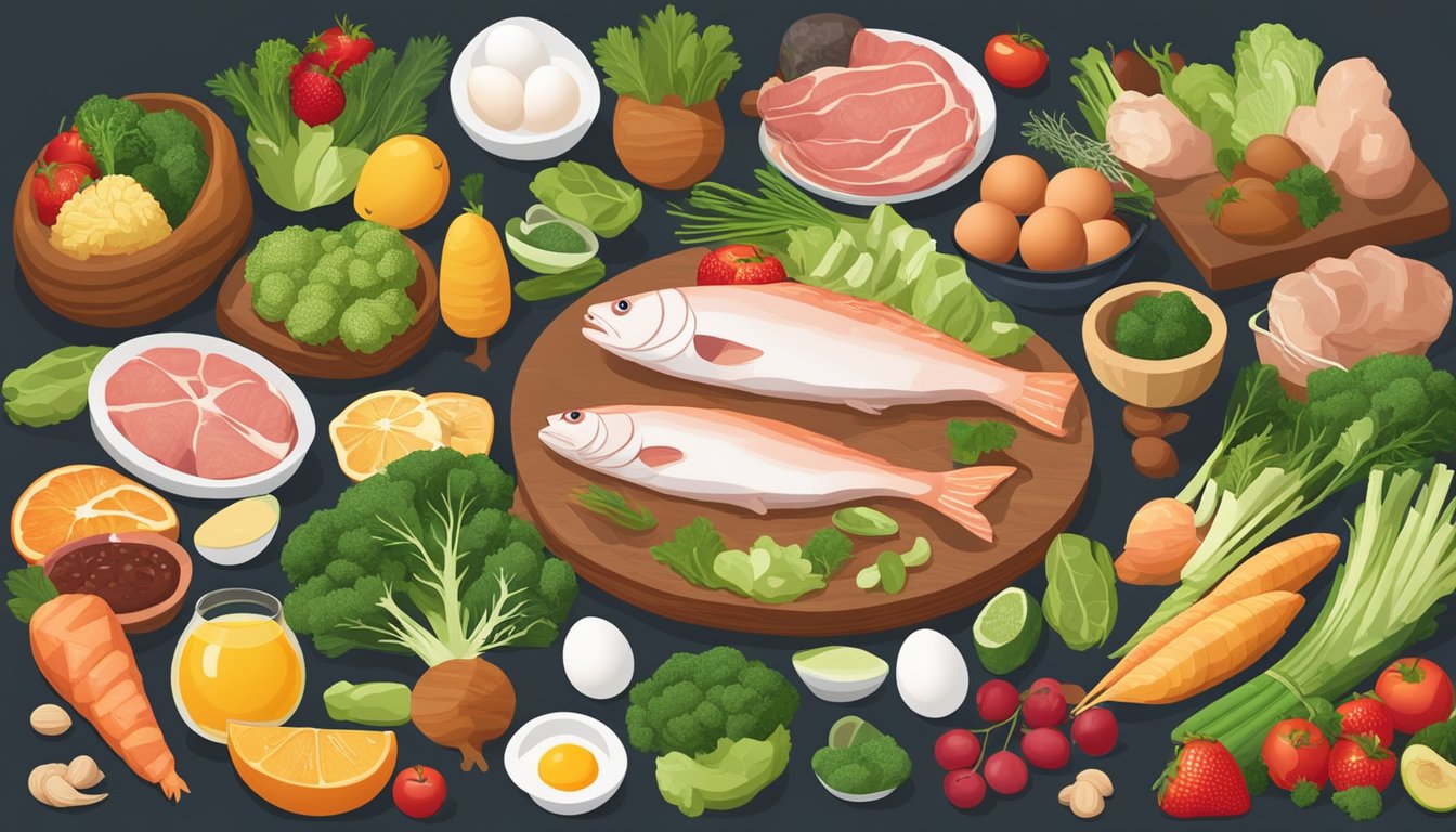 A variety of meats, fish, and eggs surrounded by a selection of fruits and vegetables, with a focus on avoiding common food sensitivities