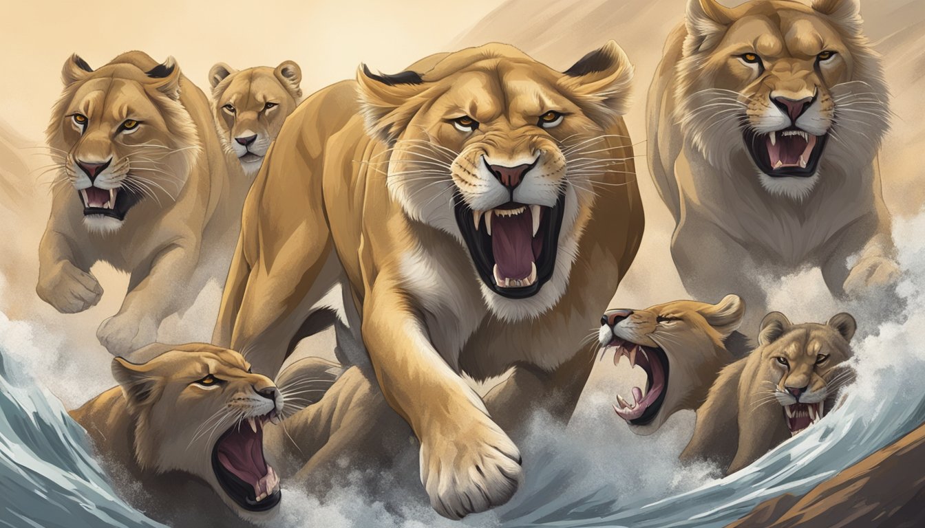 A roaring lioness devours a fresh kill, surrounded by her pack in the wild