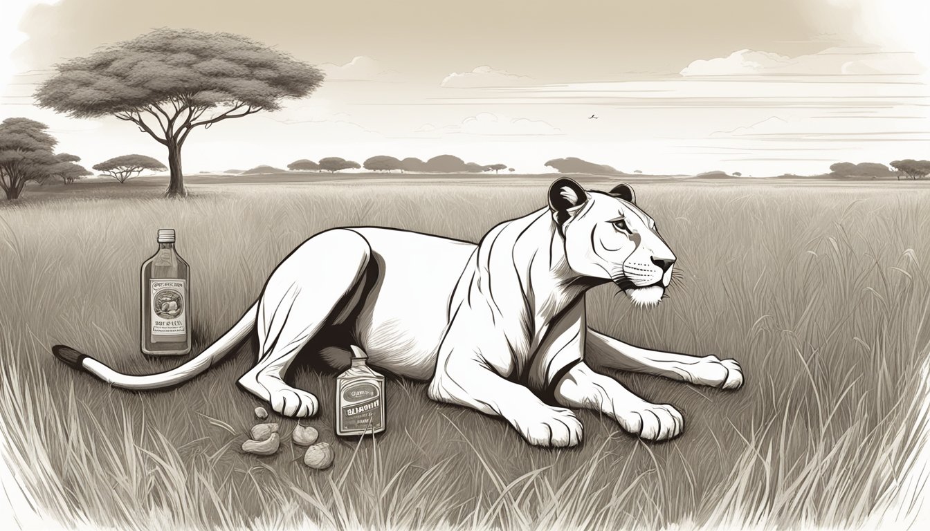 A lioness consumes a fresh kill in the grasslands, while a bottle of FC-Cidal sits nearby, symbolizing its role in maintaining digestive health on a carnivore diet