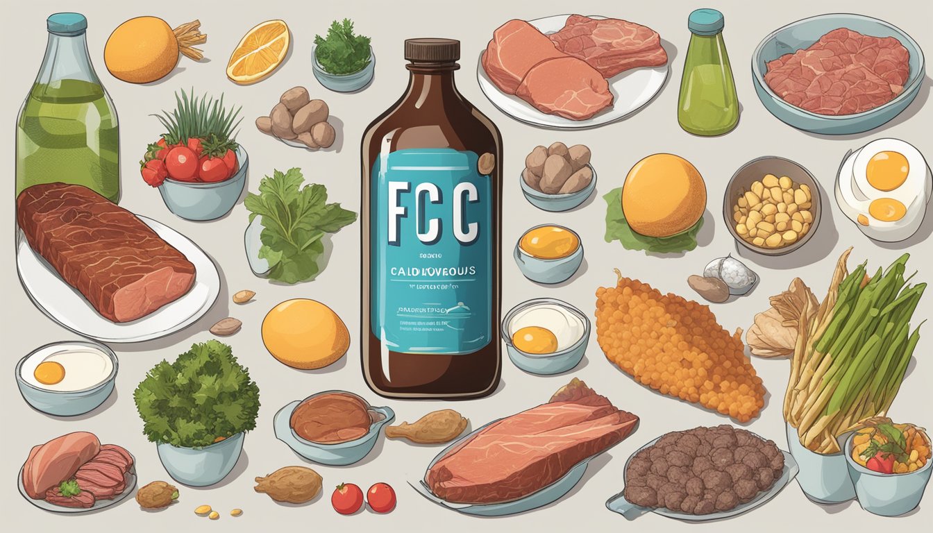 A bottle of FC-Cidal surrounded by various carnivorous food items, such as meat, eggs, and fish, with a label highlighting its key ingredients