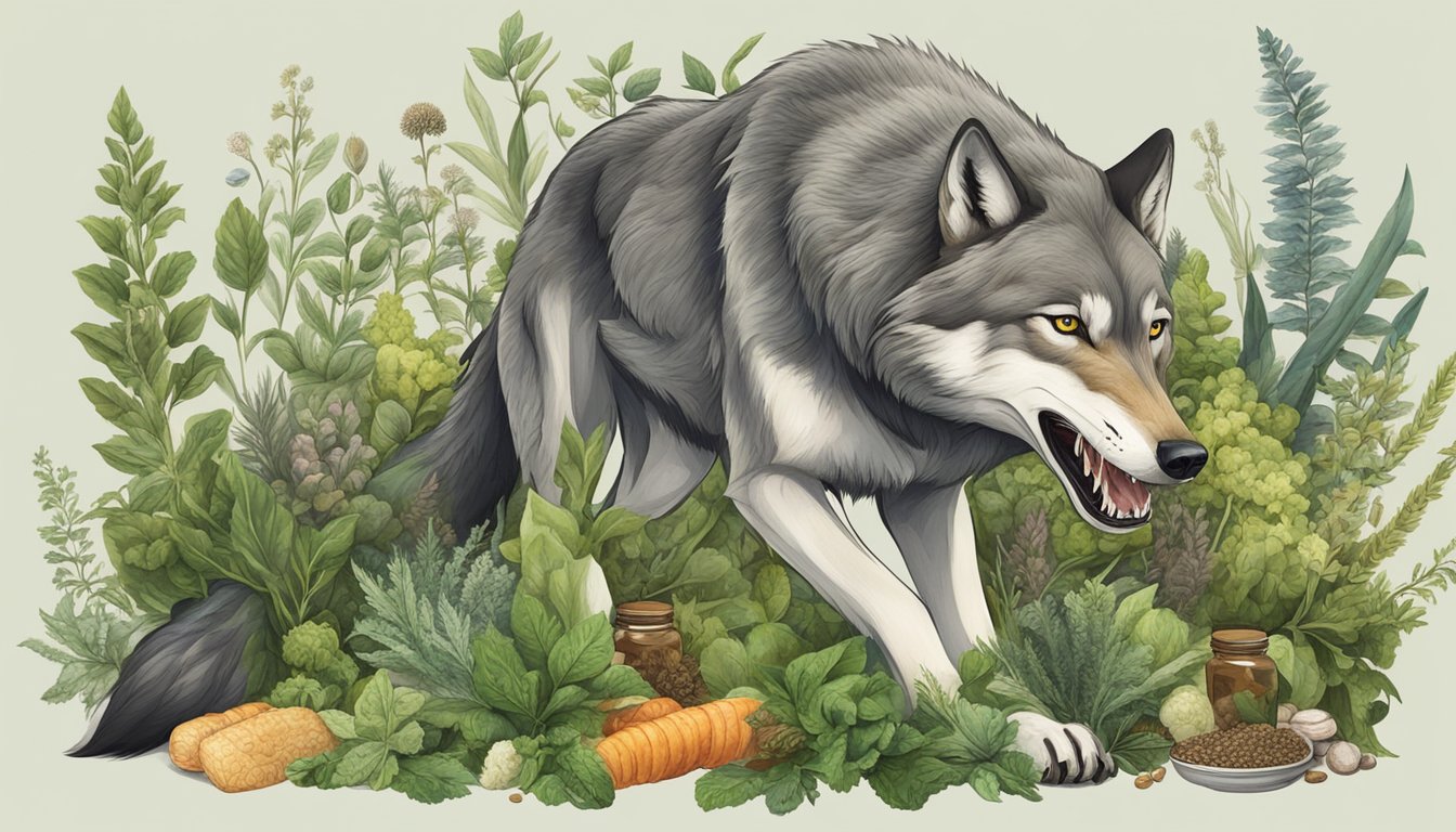 A wolf-like carnivore with open jaws, surrounded by herbs and supplements