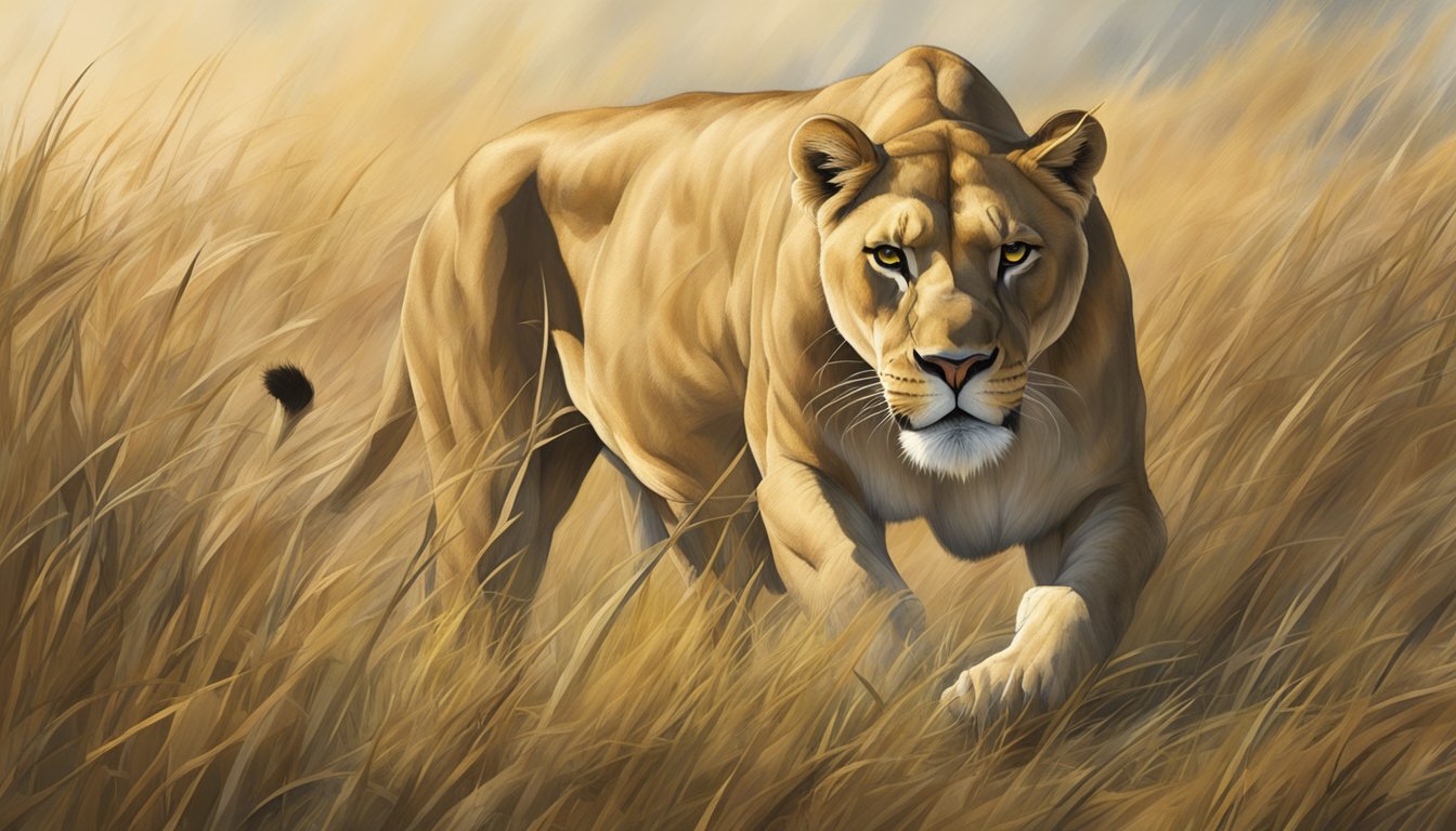 A fierce lioness prowls through a grassy savannah, her powerful muscles rippling as she hunts for her next meal