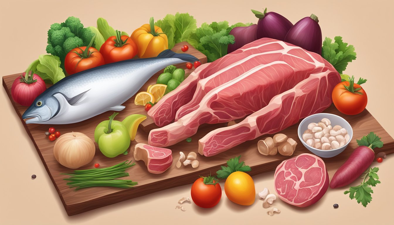 A pack of raw meat, bones, and organs laid out on a wooden cutting board, surrounded by fresh vegetables and fruits