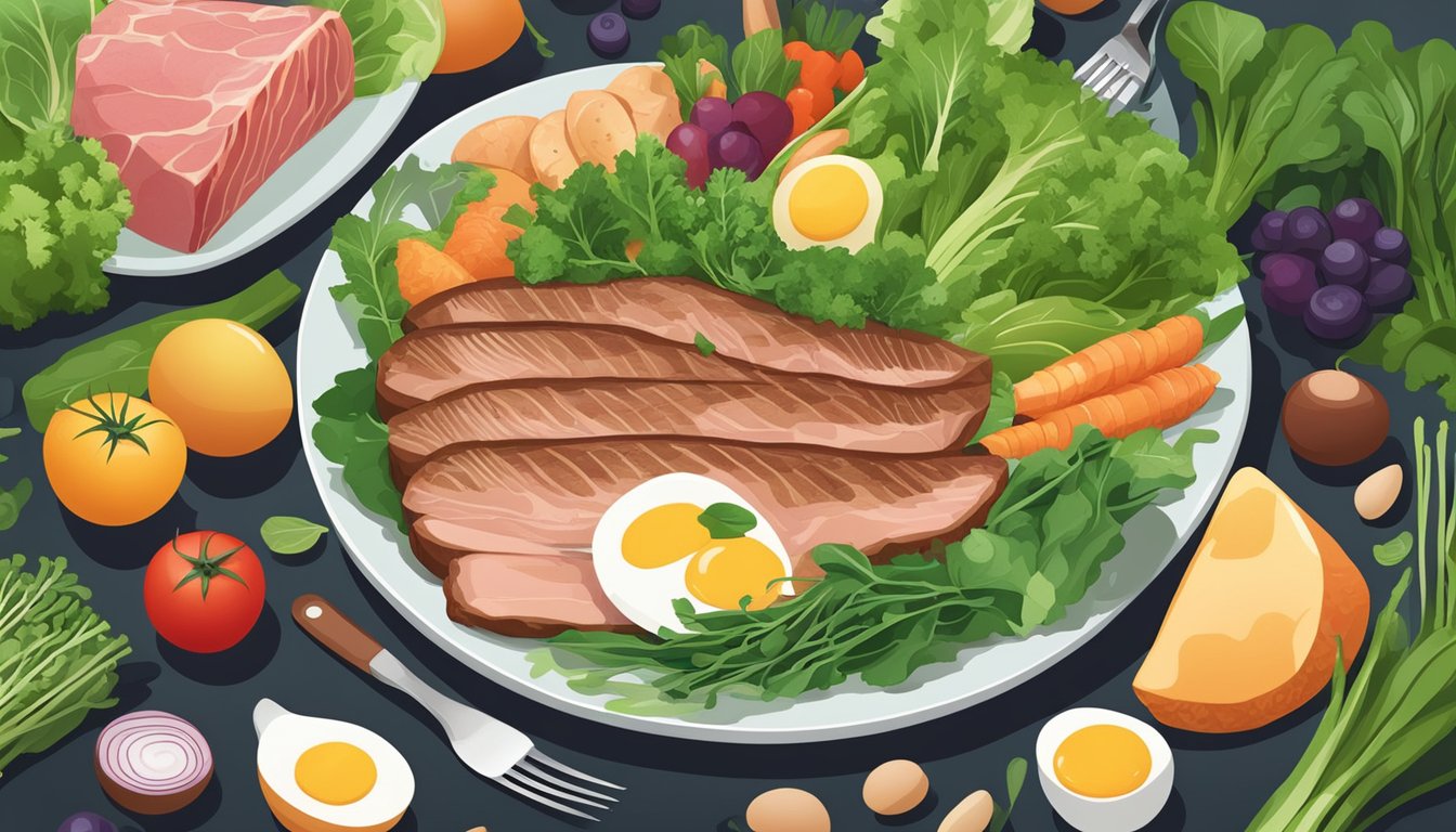 A carnivore diet with emphasis on gallbladder health: a plate filled with lean meats, fish, eggs, and leafy greens, surrounded by fresh vegetables and fruits