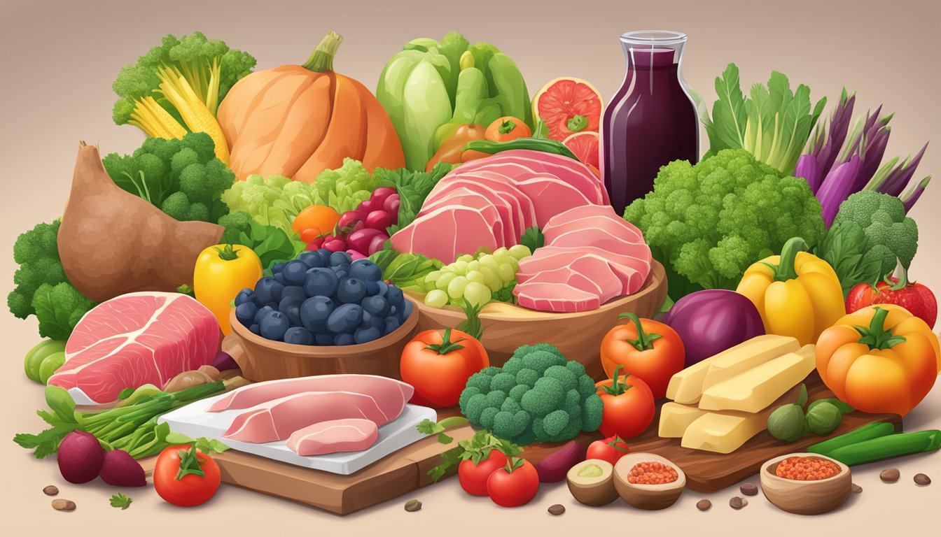 A carnivore diet with a focus on gallbladder health: A variety of fresh meats and animal products displayed on a table surrounded by colorful vegetables and fruits