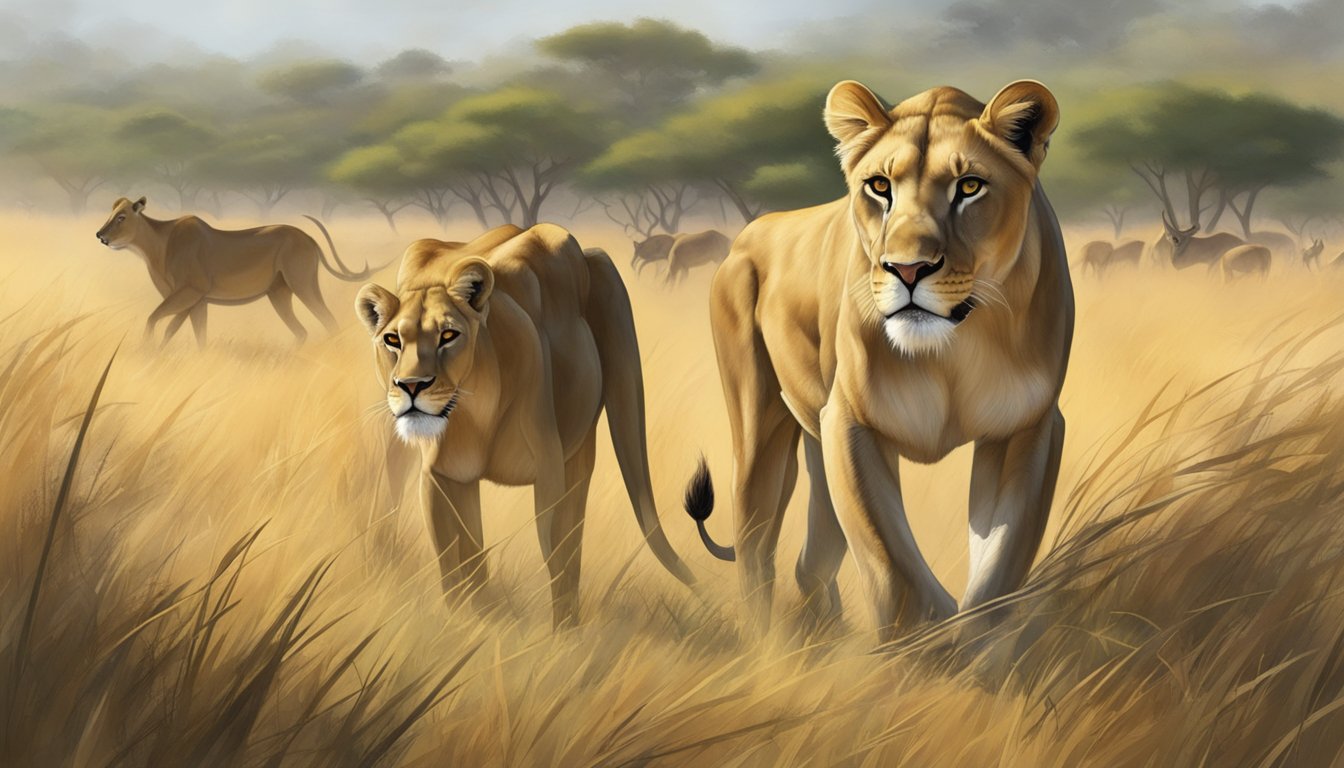 A fierce lioness prowls through a lush savanna, her eyes fixed on a herd of antelope. The air is charged with anticipation as she prepares to unleash her predatory instincts